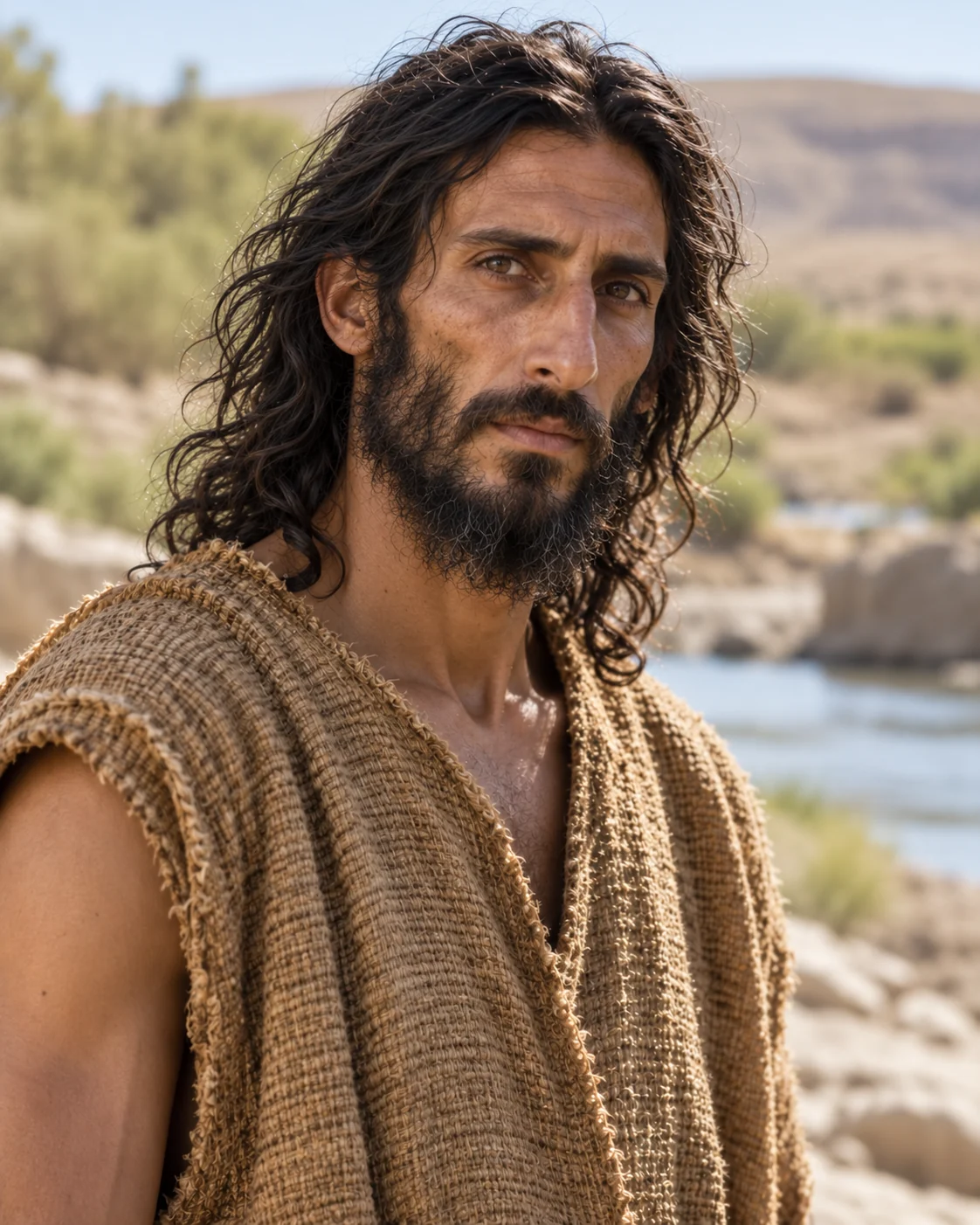 Historically informed reconstruction of John the Baptist, a lean long-haired bearded man in a coarse camel-hair garment near a river valley.