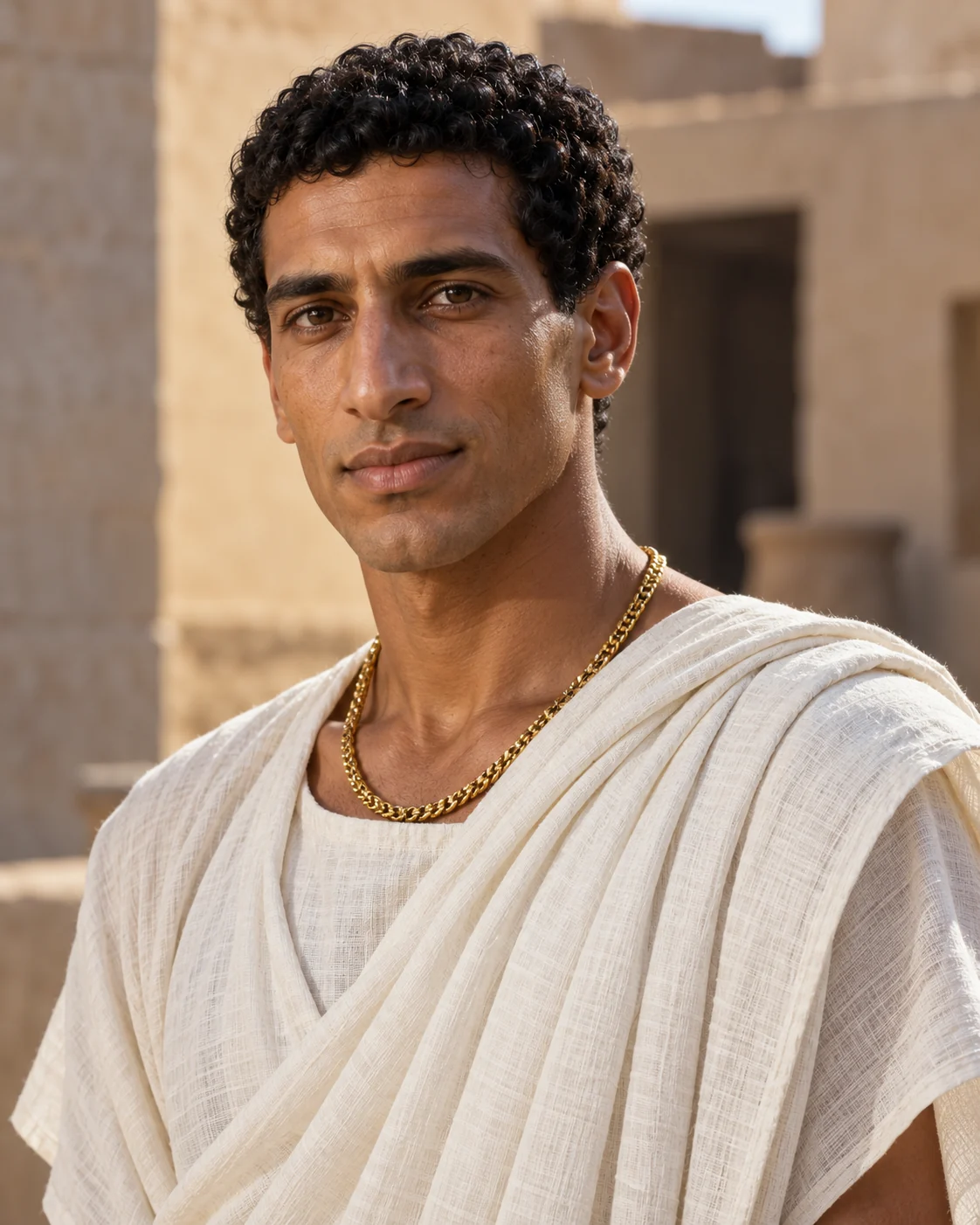Photorealistic reconstruction of Joseph son of Jacob at his Egyptian appointment, a clean-shaven man with dark curls wearing fine white linen and a gold chain.