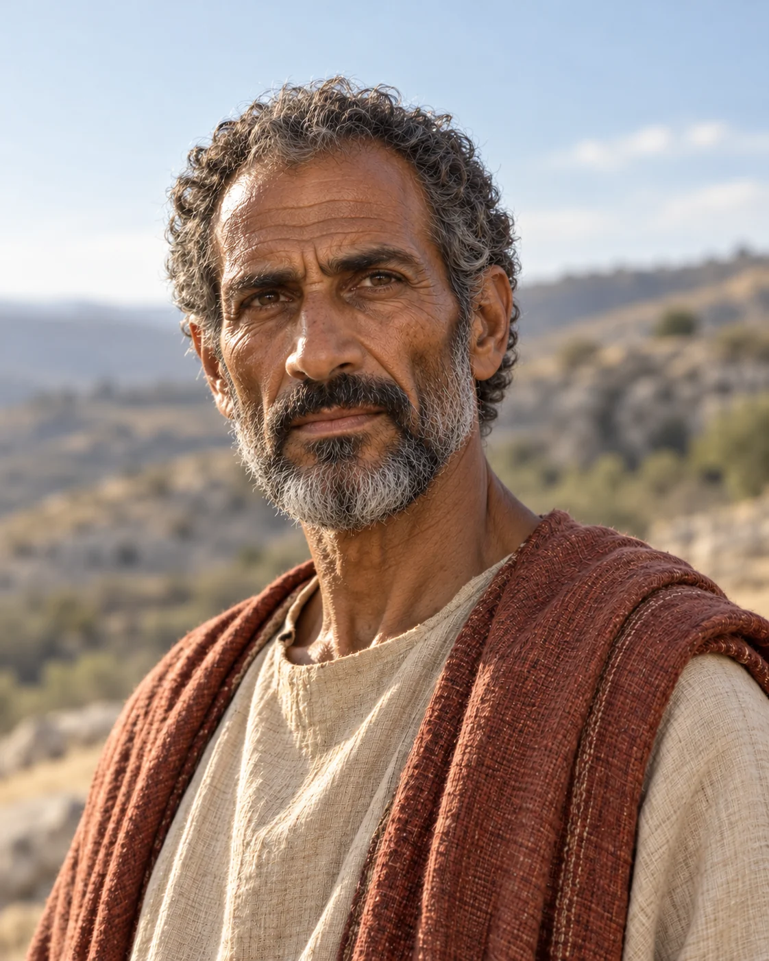 Historically informed reconstruction of Joshua, a mature bearded man with short greying curls, wearing an undyed tunic and terracotta mantle.