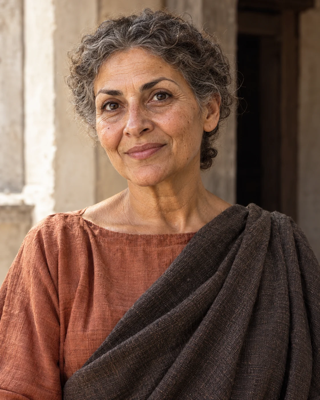 Photorealistic reconstruction of Junia as a mature woman with short grey-brown curls, in a terracotta tunic and charcoal wool mantle.