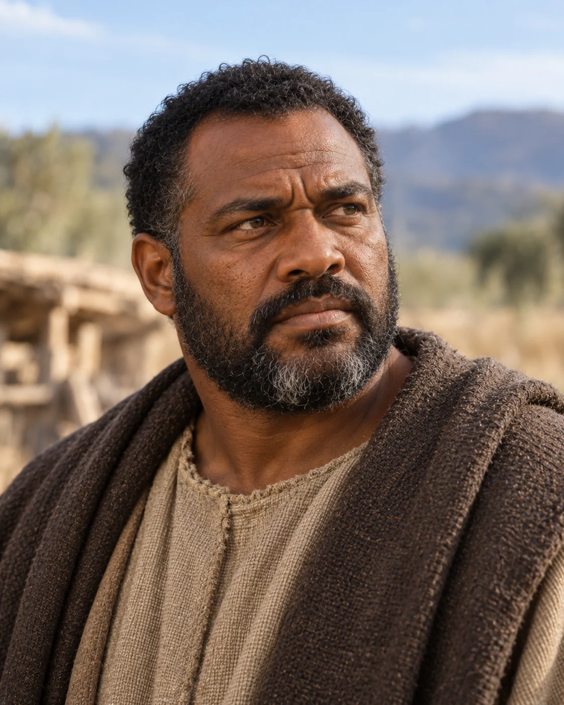 Photorealistic artistic reconstruction of Lamech (father of Noah) in a plainly clothed narrative setting; appearance unknown.