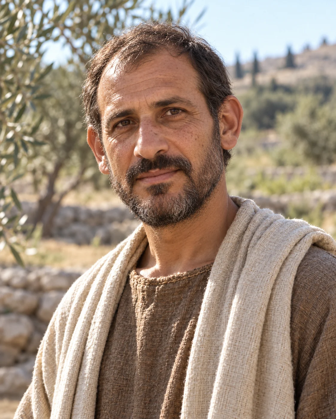 Photorealistic artistic reconstruction of Lazarus of Bethany in historically informed first-century clothing.