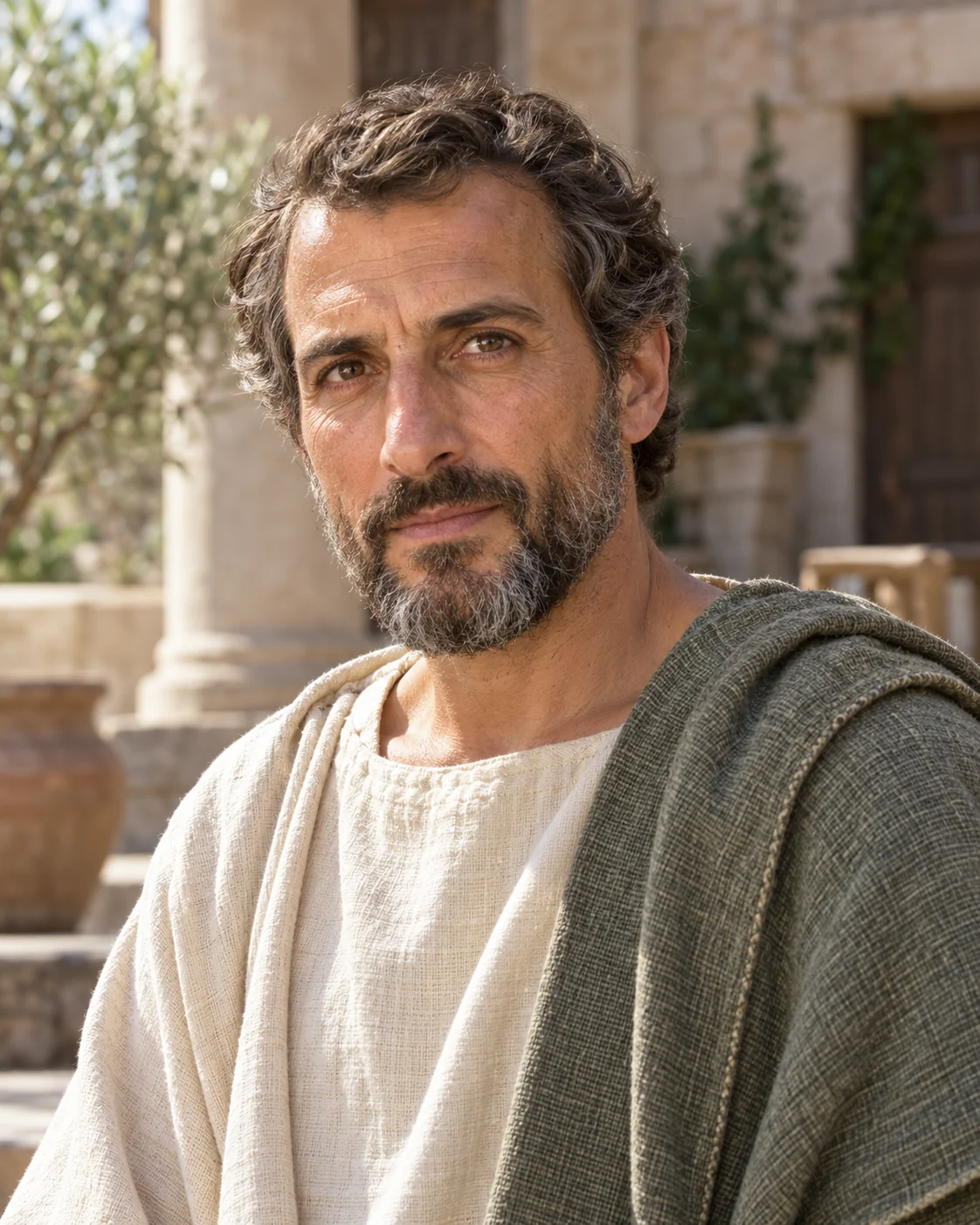 Photorealistic artistic reconstruction of Luke in simple first-century tunic and wool mantle.