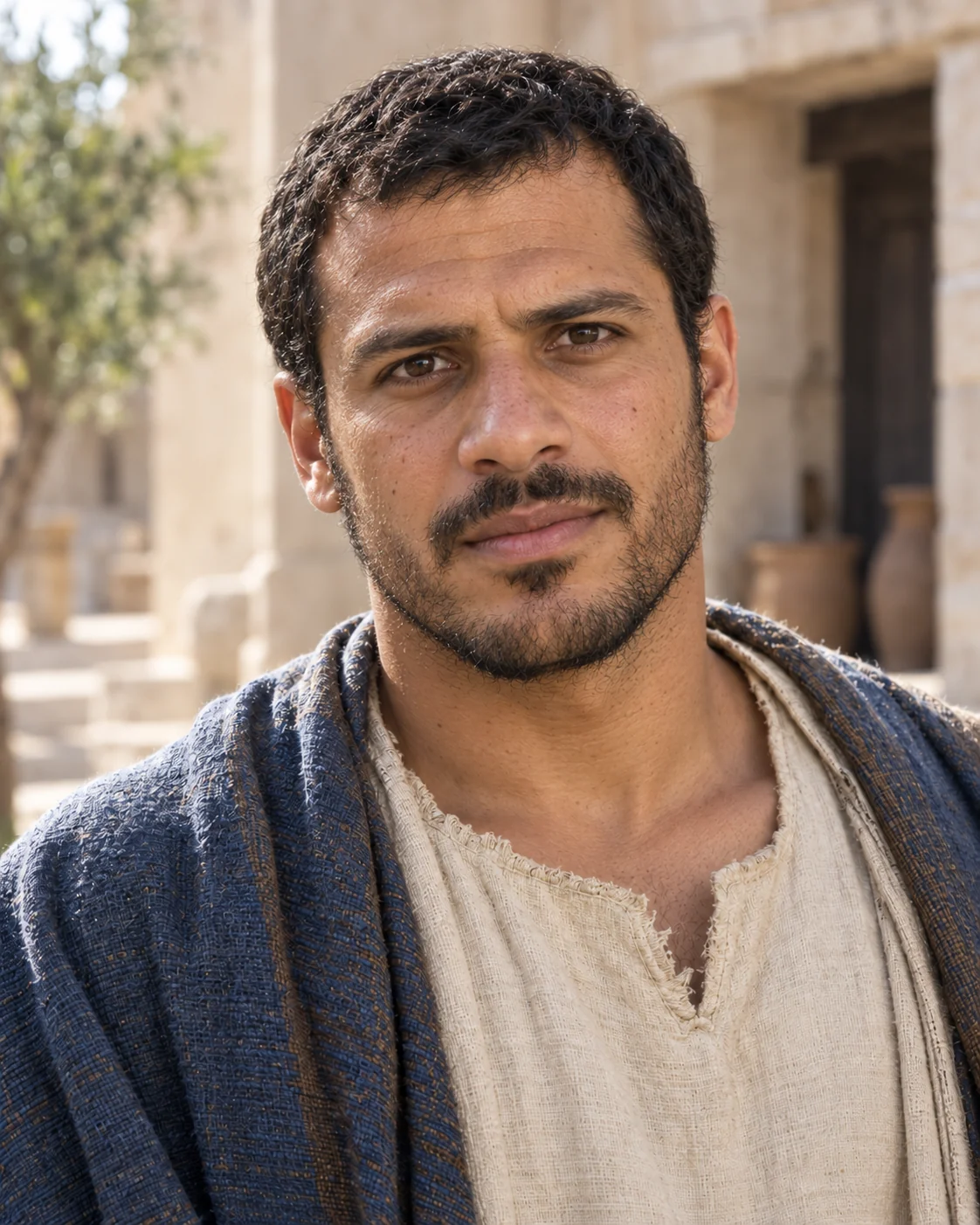 Photorealistic artistic reconstruction of Mark in simple first-century tunic and wool mantle.
