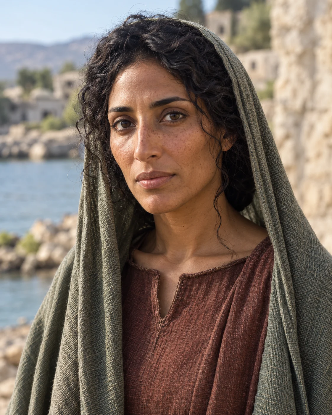 Historically informed reconstruction of Mary Magdalene, an adult woman with dark curly hair and natural freckles, in a brown tunic and green-grey head mantle.