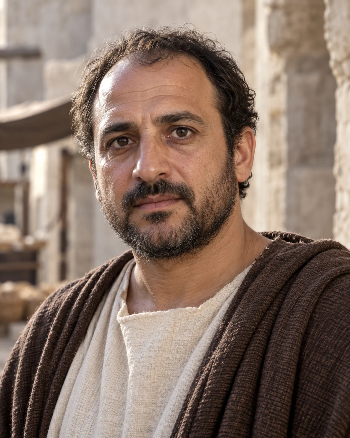 Photorealistic artistic reconstruction of Matthew in historically informed first-century clothing.