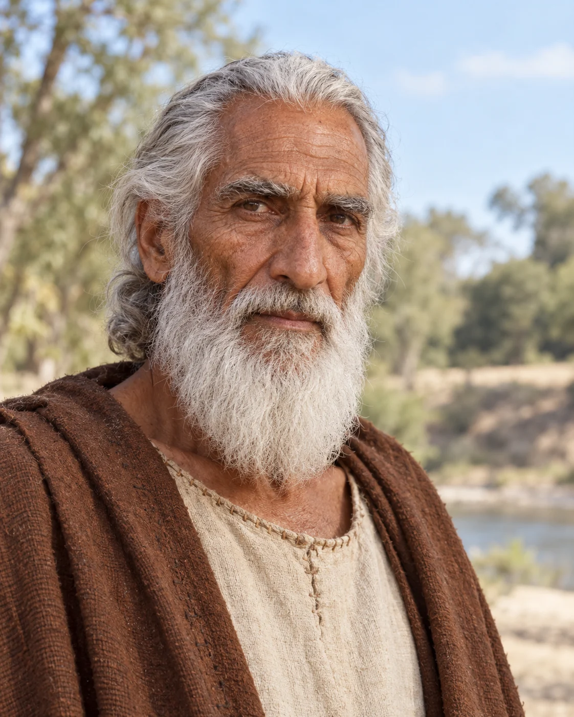 Photorealistic artistic reconstruction of Methuselah in a plainly clothed narrative setting; appearance unknown.