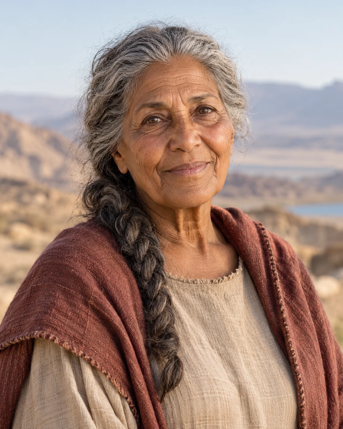 Historically informed reconstruction of Miriam, an elderly woman with greying braided hair, wearing a linen tunic and red-brown shawl.
