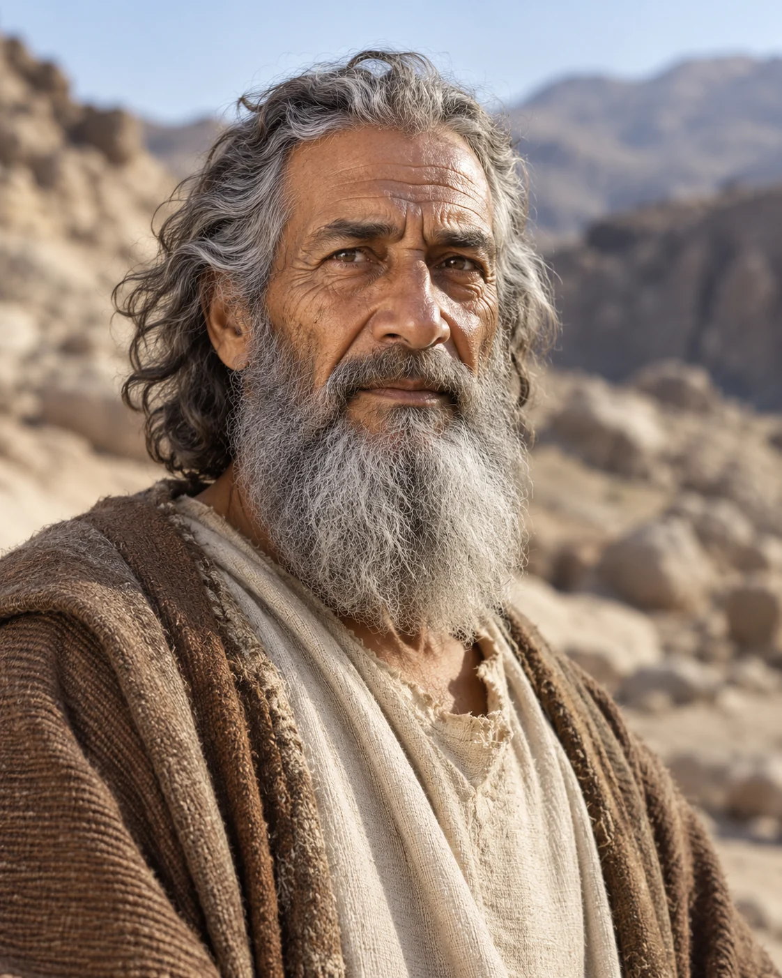 Historically informed reconstruction of Moses, an elderly bearded man in undyed tunic and brown mantle, against a rocky desert background.
