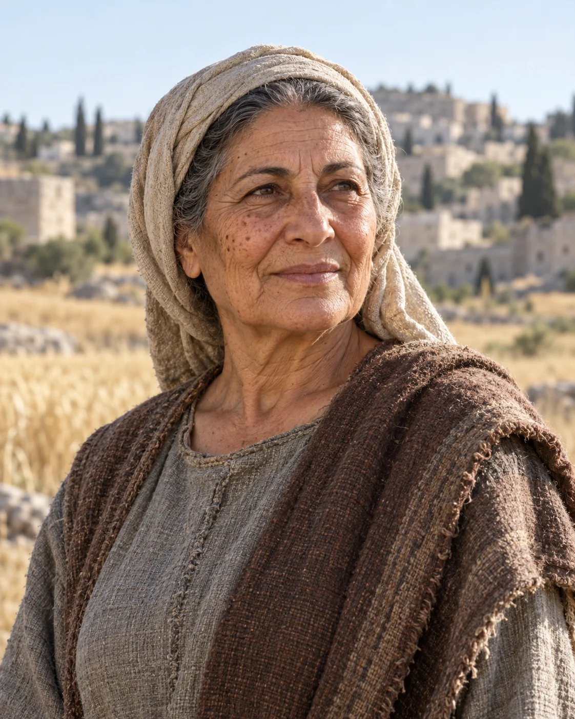 Photorealistic artistic reconstruction of Naomi in historically informed clothing from her narrative setting.