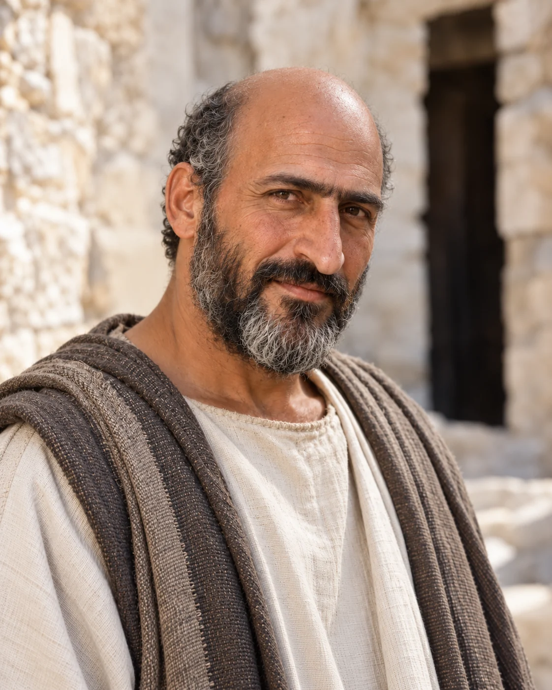 Photorealistic reconstruction of Paul following Acts of Paul and Thecla, with a bald crown, meeting eyebrows and long nose, wearing a plain tunic and wool mantle.