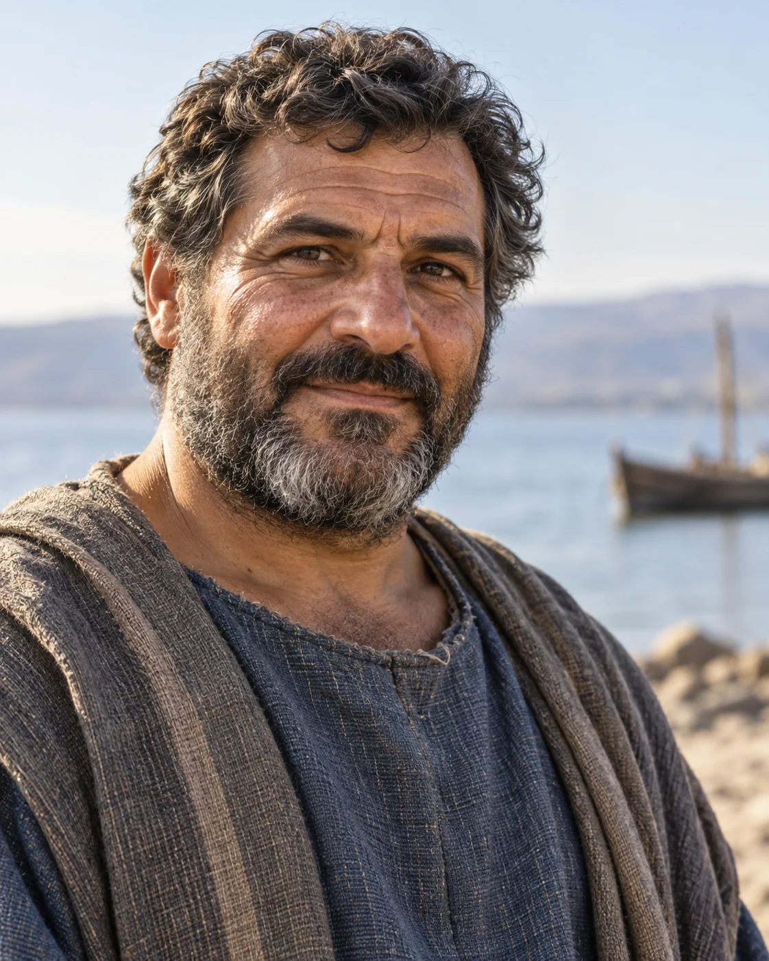 Historically informed reconstruction of Peter, a mature broad-faced bearded man in a slate-blue tunic and grey-brown mantle beside a lakeshore.