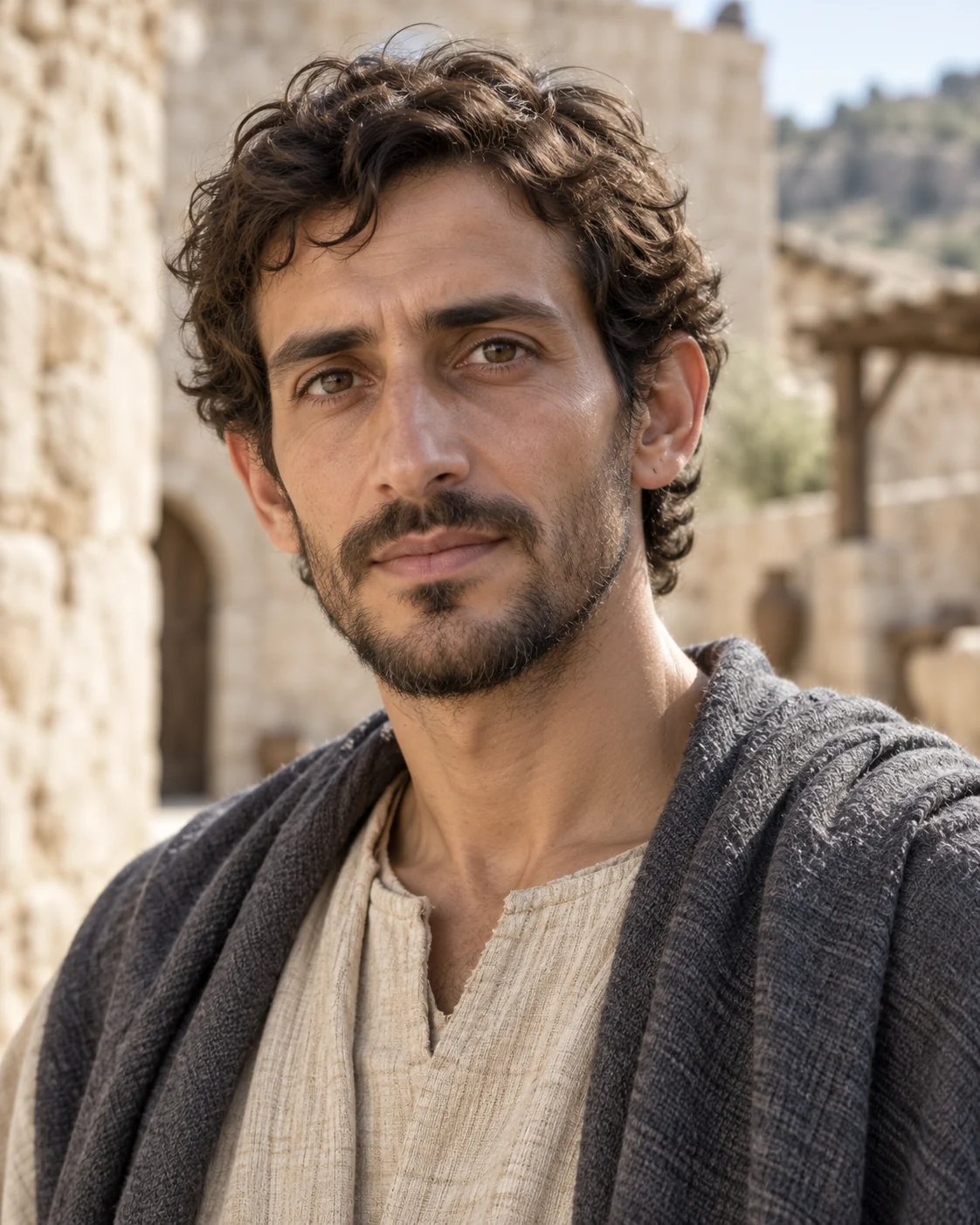 Photorealistic artistic reconstruction of Philip the apostle in historically informed first-century clothing.