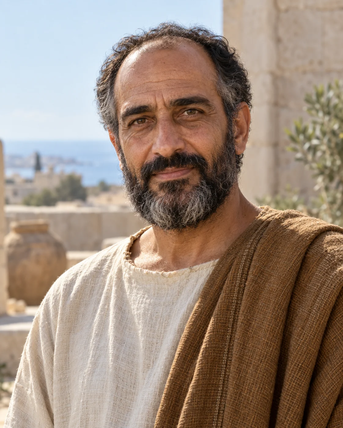 Photorealistic artistic reconstruction of Philip the Evangelist in historically informed first-century clothing.