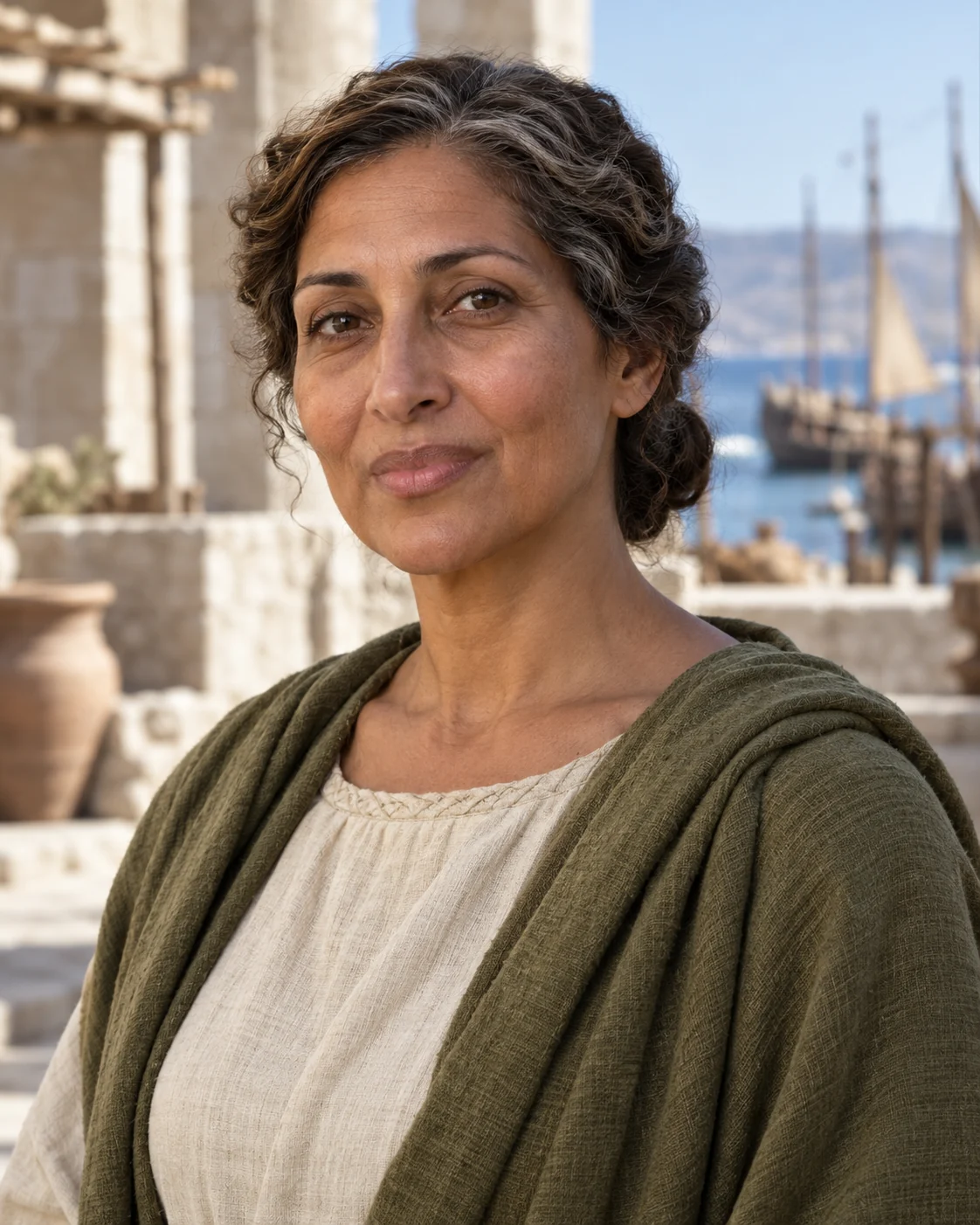 Photorealistic reconstruction of Phoebe, a mature woman with greying gathered hair, in a linen tunic and olive mantle beside an anonymous port courtyard.