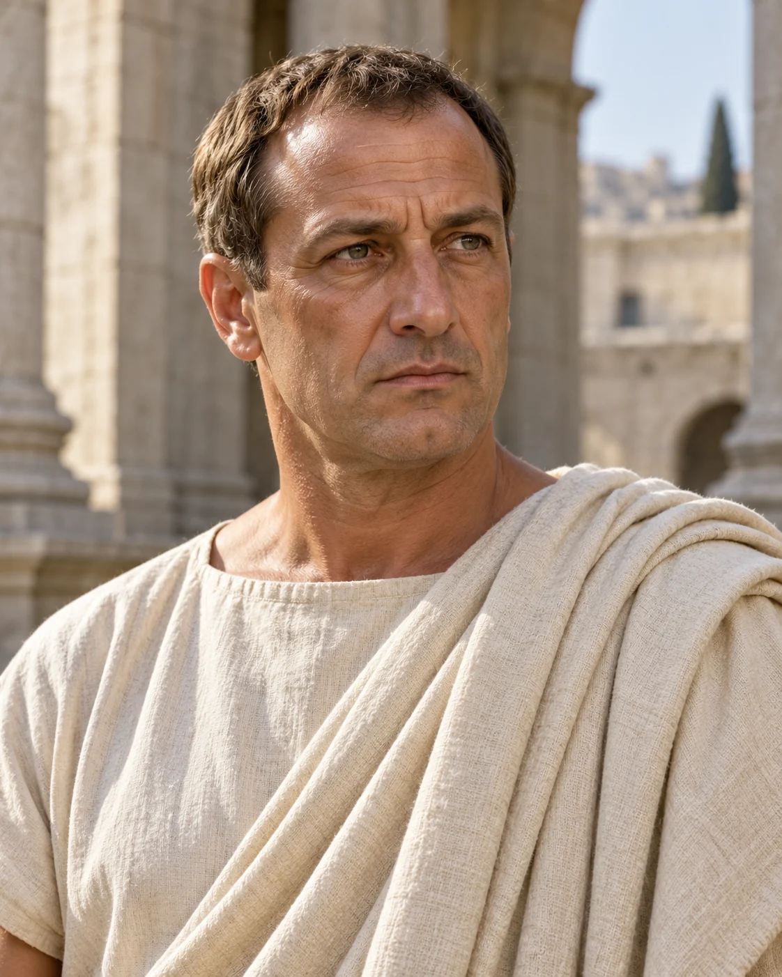 Photorealistic artistic reconstruction of Pontius Pilate in historically informed period clothing.
