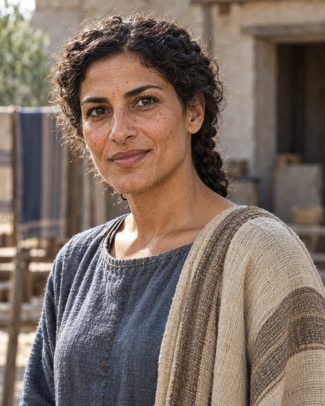 Photorealistic reconstruction of Priscilla, an attentive adult woman with gathered curly dark hair, in a blue-grey tunic and pale wool mantle.