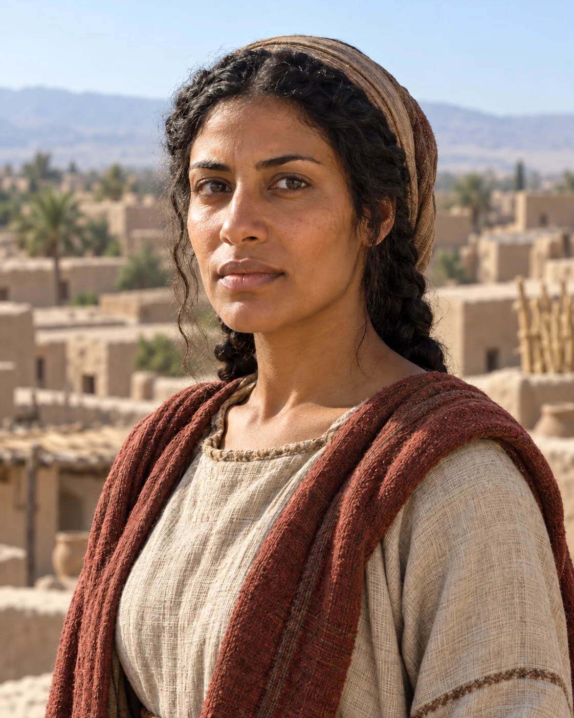 Photorealistic artistic reconstruction of Rahab in historically informed clothing from her narrative setting.