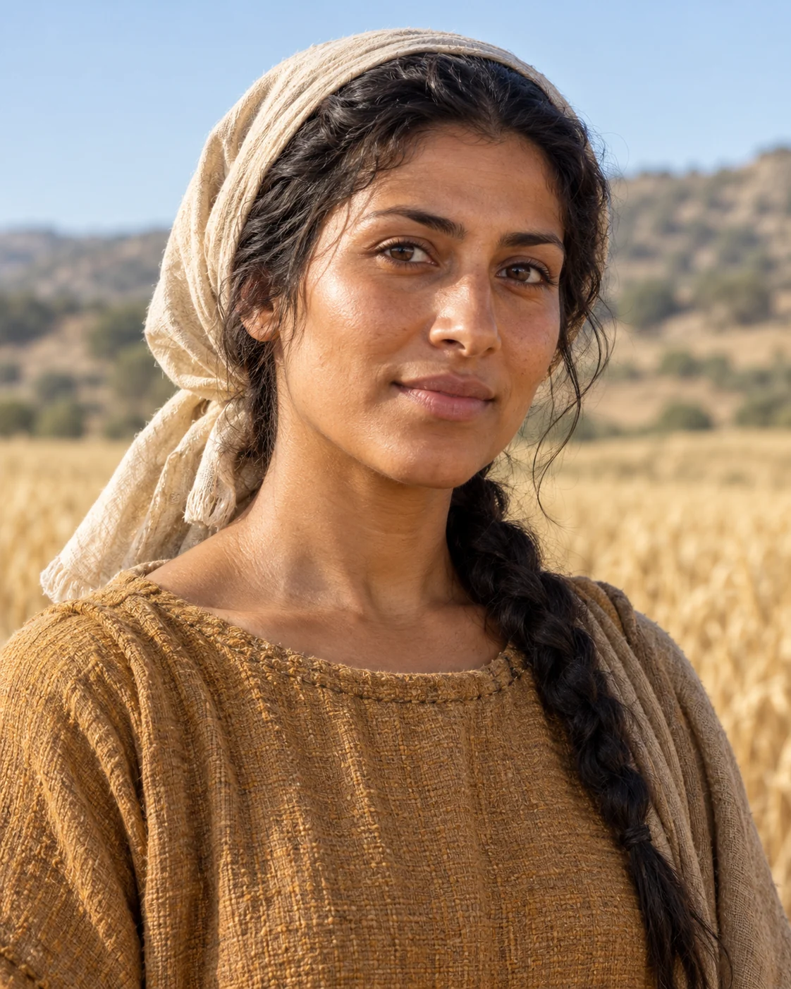 Historically informed reconstruction of Ruth, a young woman in a tawny tunic and light headcloth beside a barley field.