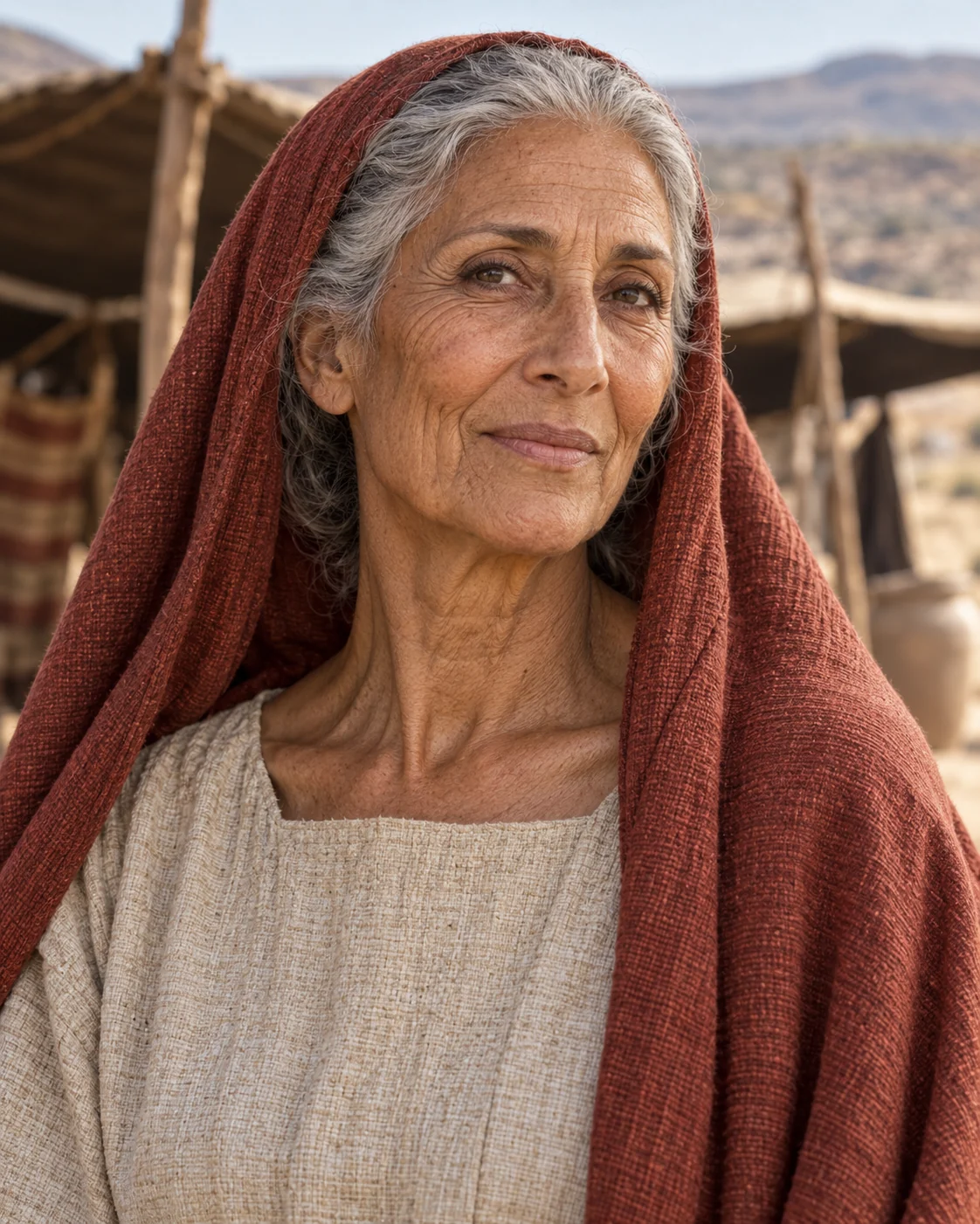 Photorealistic reconstruction of elderly Sarah, with silver hair and natural age lines, in a pale dress and earth-red headcloth.