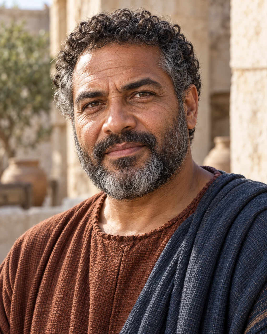 Photorealistic artistic reconstruction of Silas in simple first-century tunic and wool mantle.