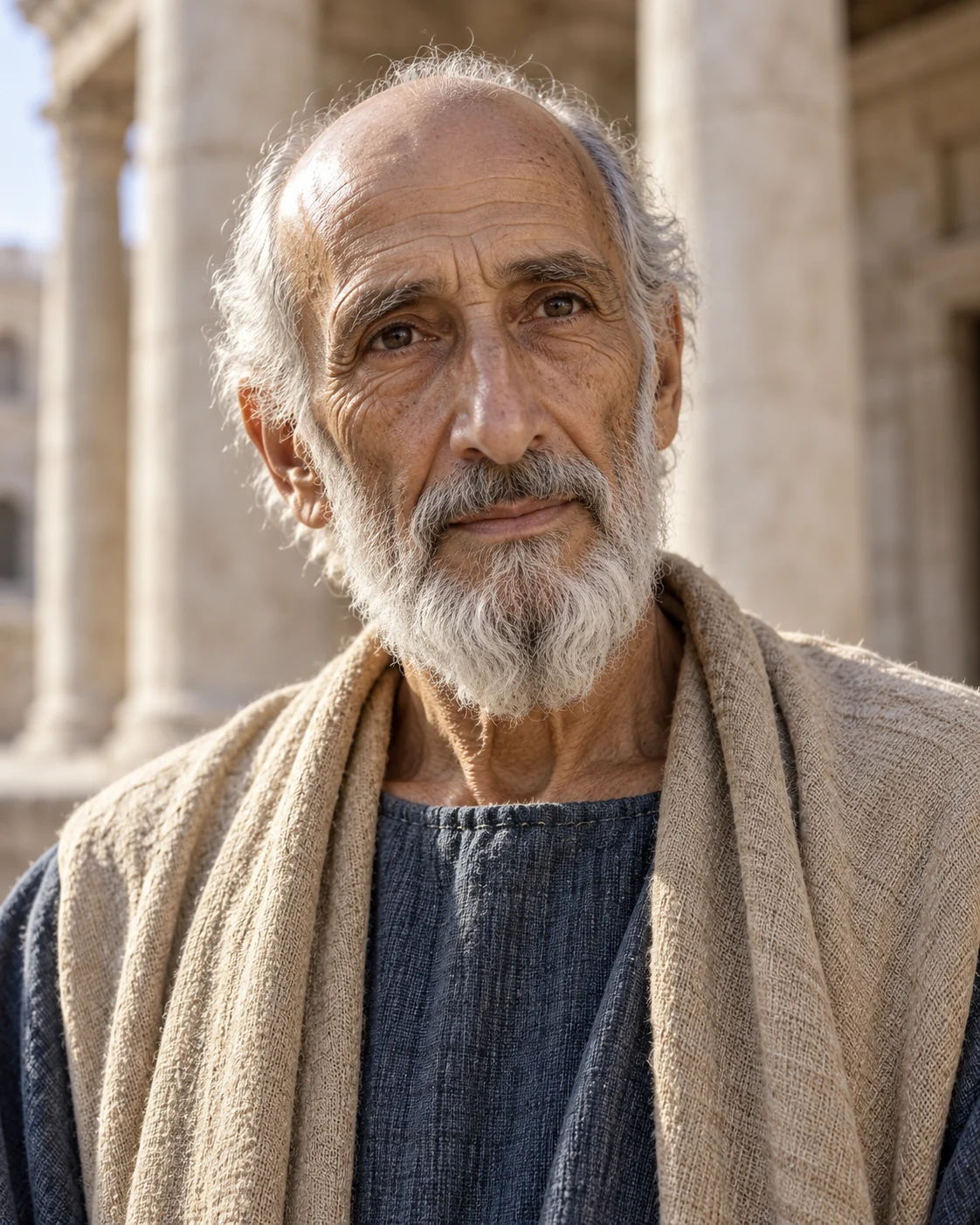 Photorealistic reconstruction of Simeon from Luke 2 as a slender elderly man with a white beard, blue-grey tunic and sand-colored mantle.
