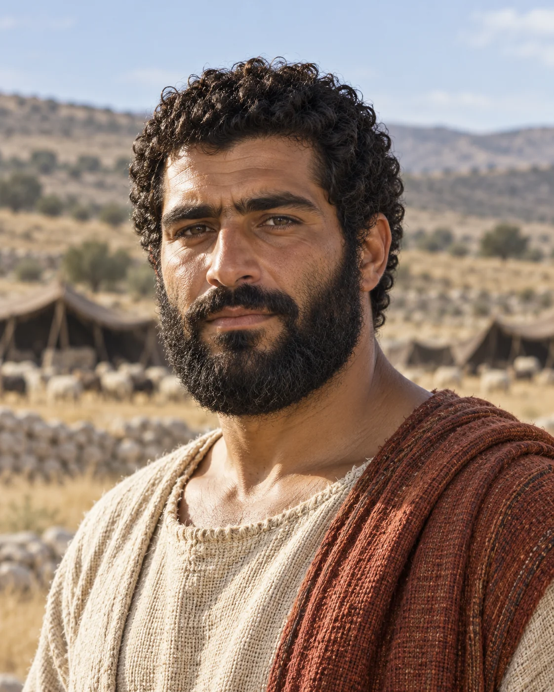 Photorealistic artistic reconstruction of Simeon son of Jacob, son of Jacob, in plain historically informed pastoral clothing.