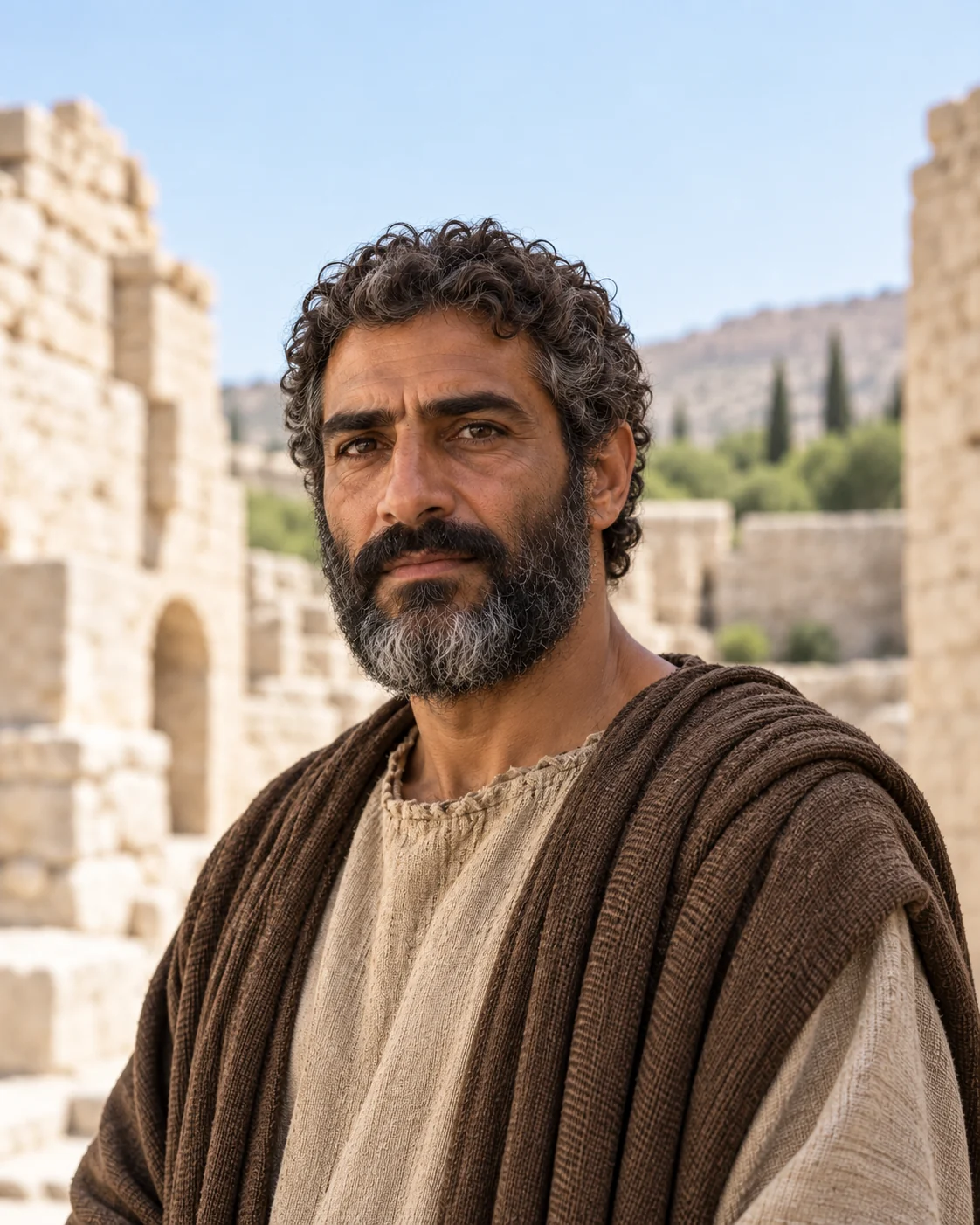 Photorealistic artistic reconstruction of Simon the Zealot in historically informed first-century clothing.