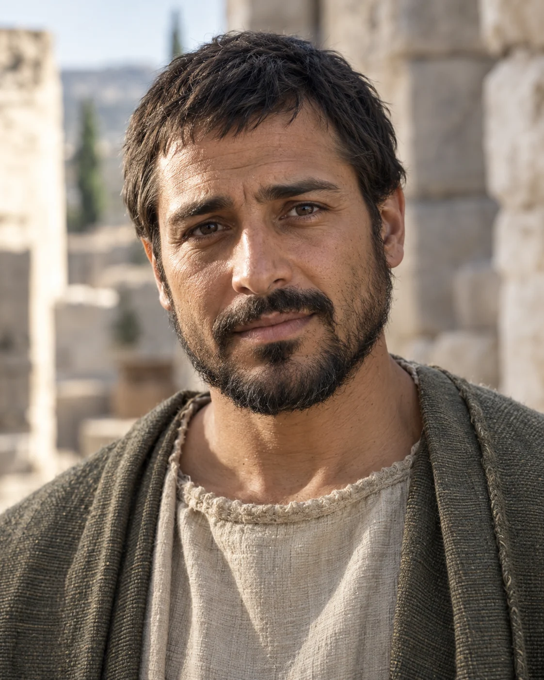 Photorealistic artistic reconstruction of Thaddaeus in historically informed first-century clothing.