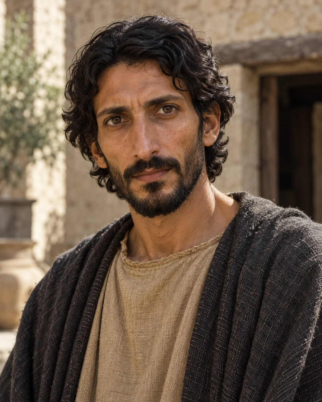 Photorealistic artistic reconstruction of Thomas in simple first-century tunic and wool mantle.
