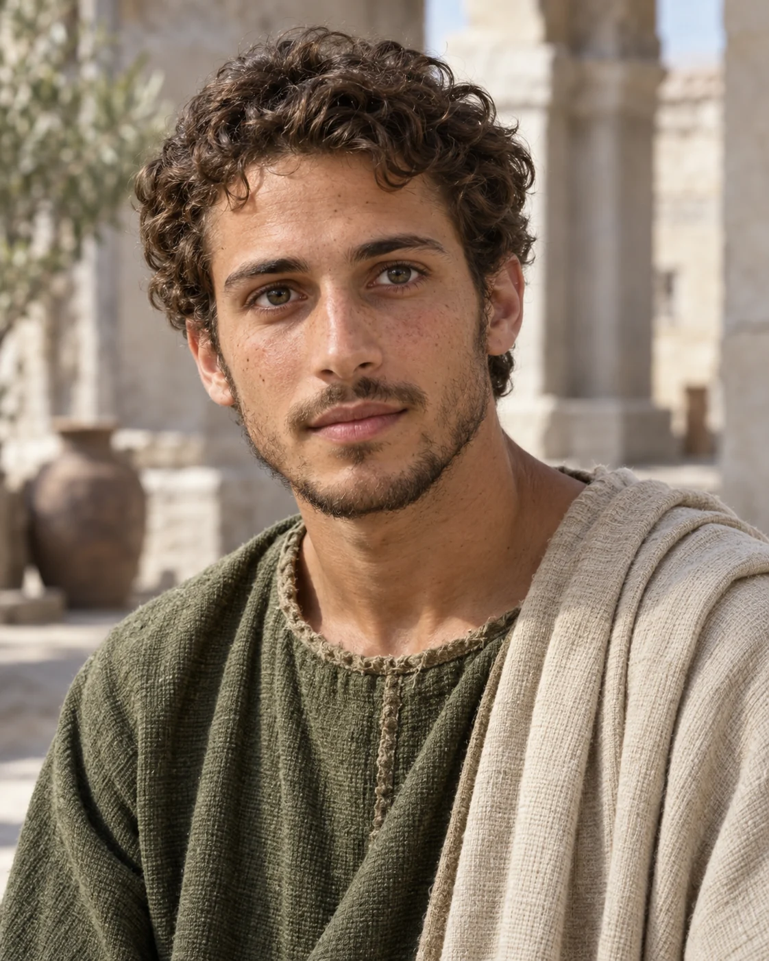 Photorealistic artistic reconstruction of Timothy in simple first-century tunic and wool mantle.
