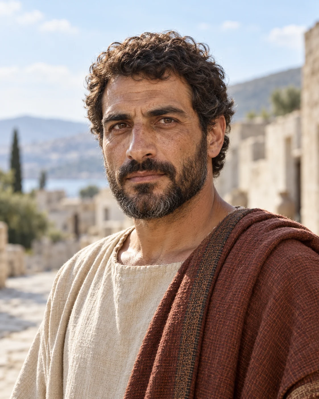 Photorealistic artistic reconstruction of Tychicus in historically informed first-century clothing.