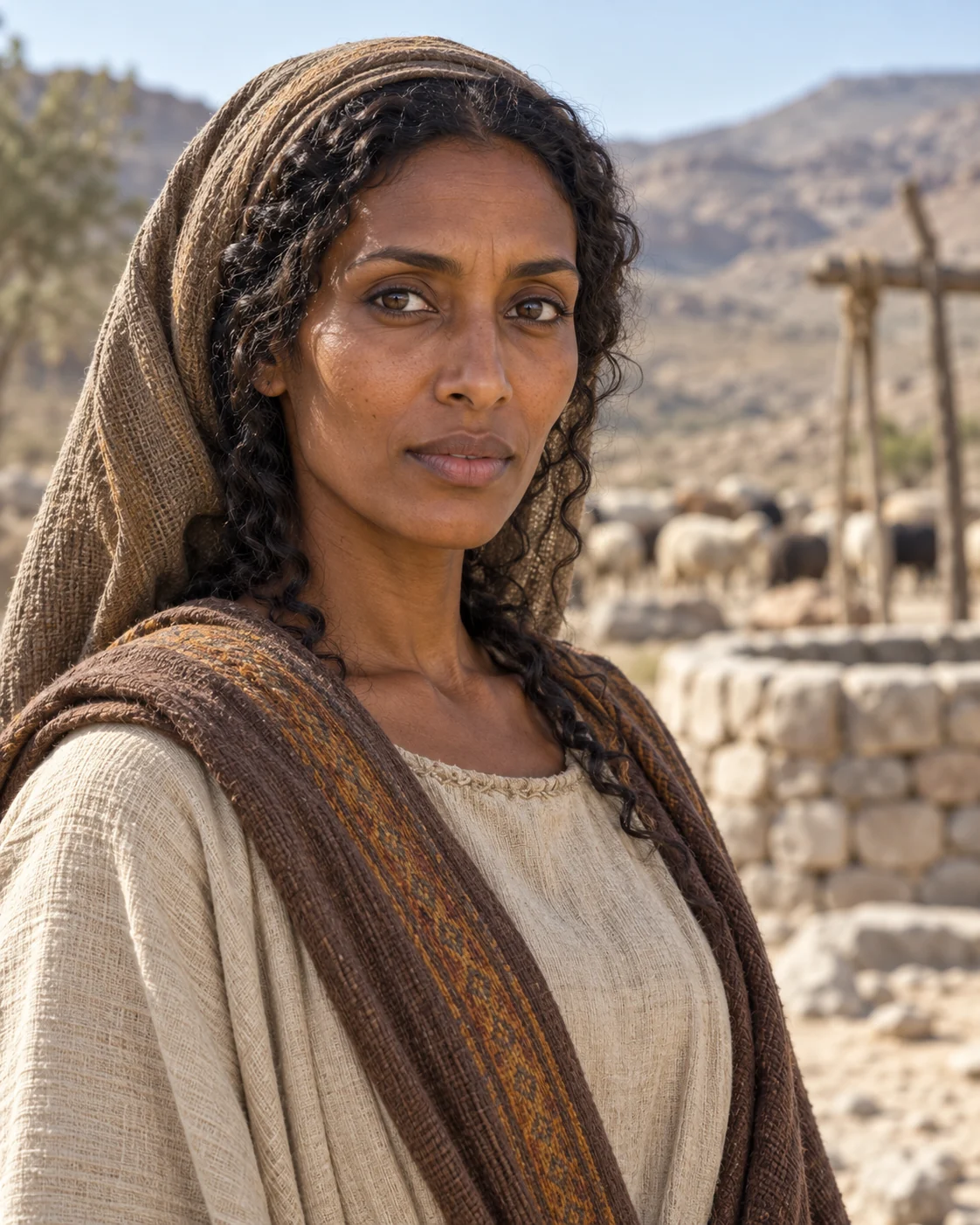 Photorealistic artistic reconstruction of Zipporah in historically informed clothing from her narrative setting.